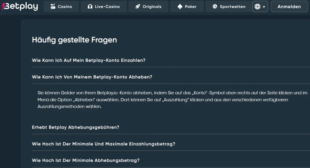 Fragenübersicht im Hilfebereich von Betplay