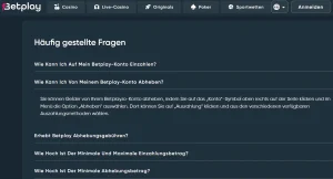 Fragenübersicht im Hilfebereich von Betplay