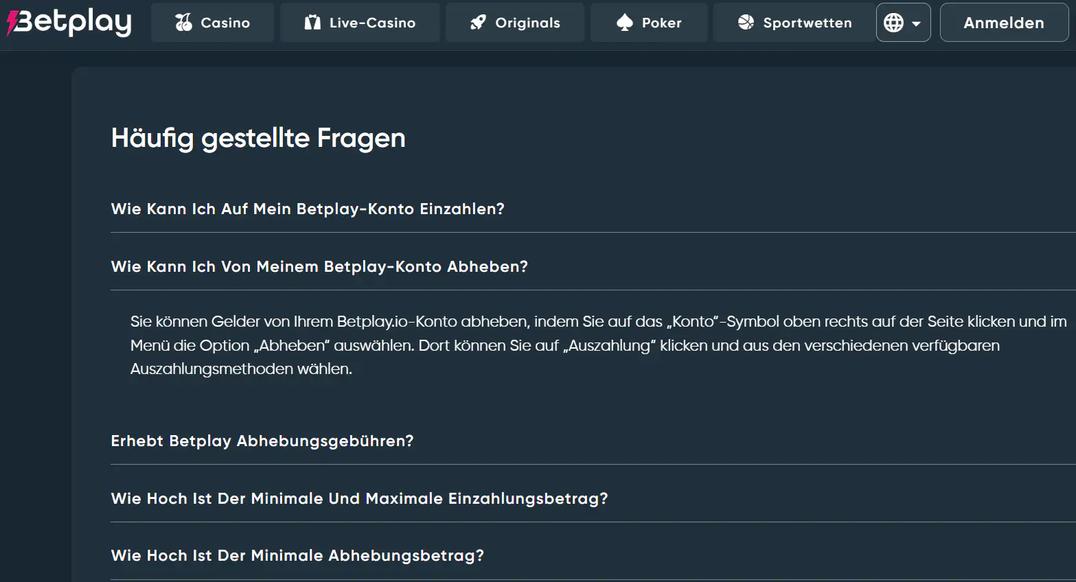Fragenübersicht im Hilfebereich von Betplay