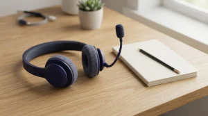 Headset mit Mikrofon auf einem aufgeräumten Schreibtisch