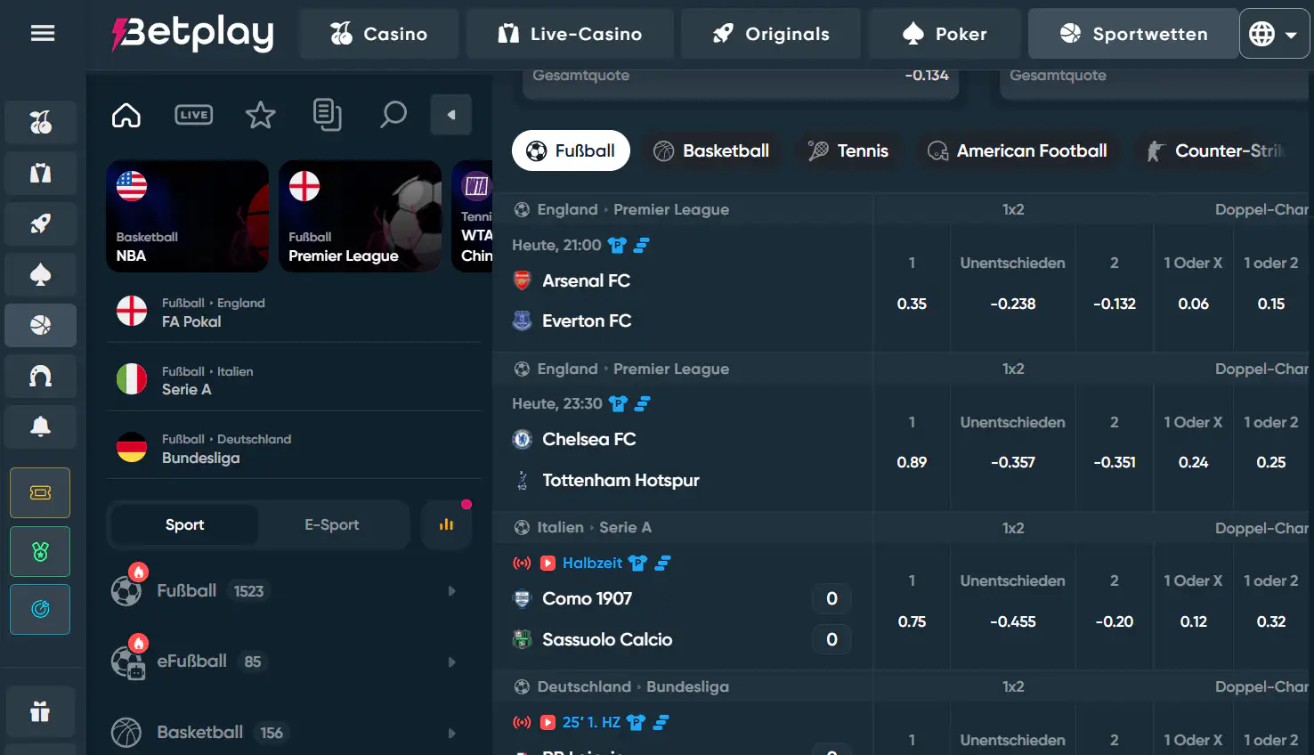 Sportwetten-Navigation und Sportauswahl von Betplay im Browser