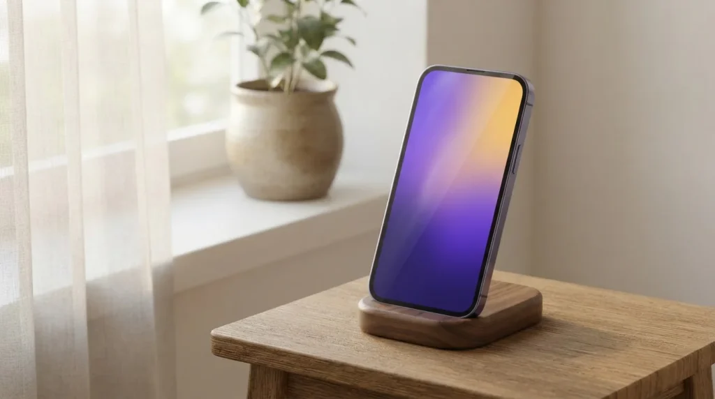 Smartphone auf einer kleinen Ladeschale an einem Fenster