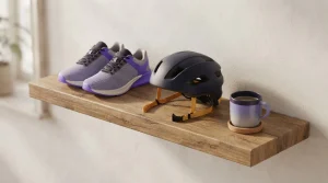 Turnschuhe, Fahrradhelm und Becher nebeneinander auf einem Regal