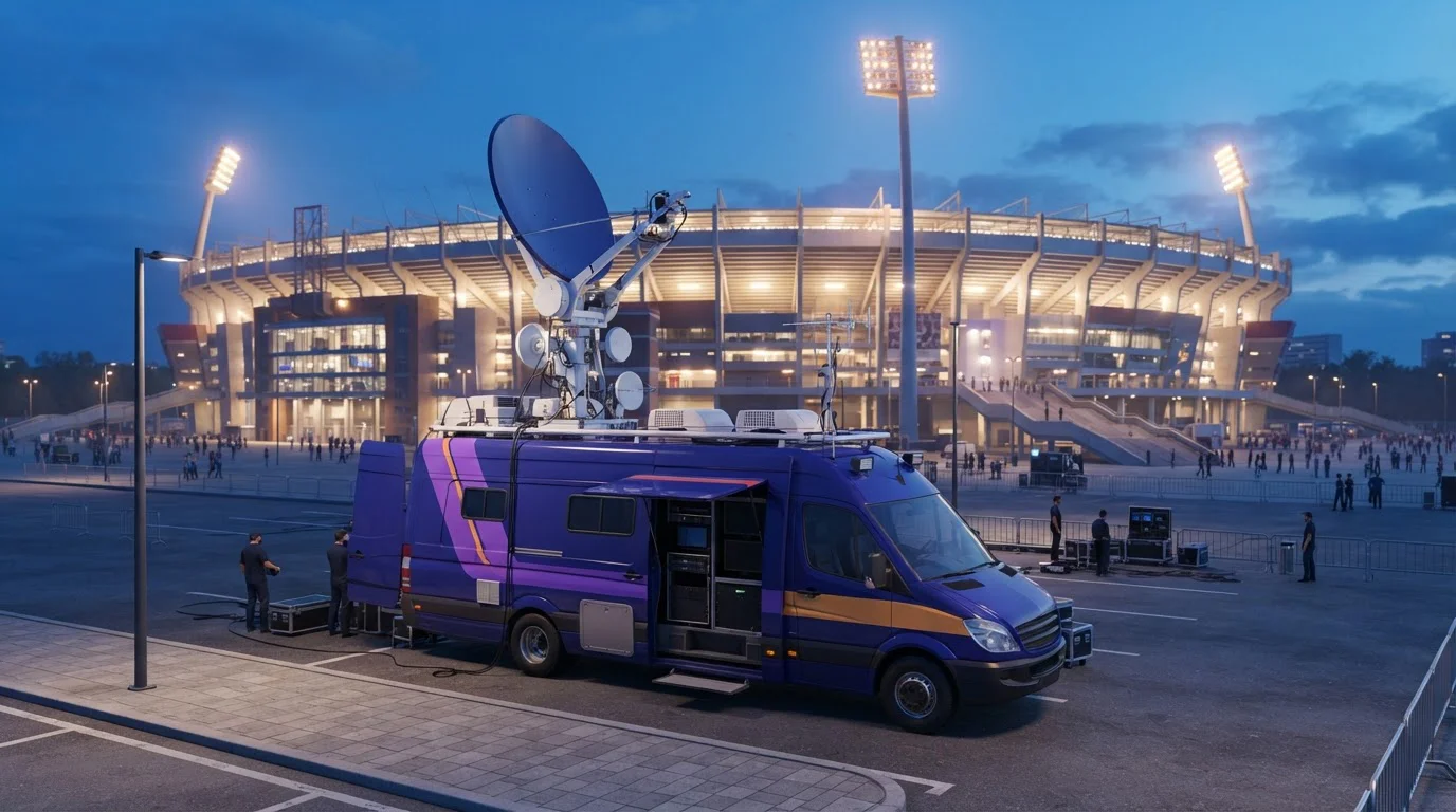 Übertragungswagen mit Satellitenschüssel neben einem Fußballstadion